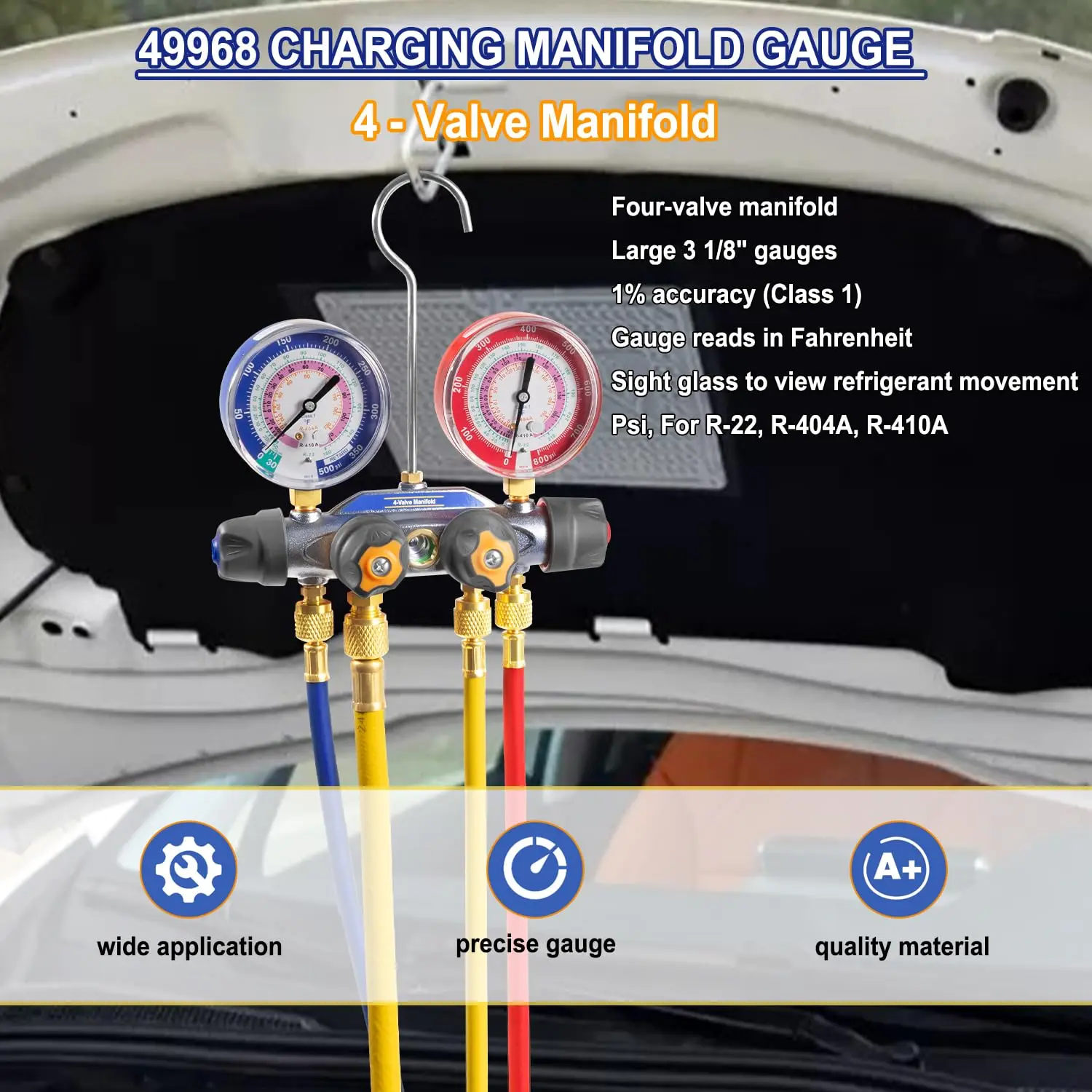 49968 Charging Manifold and 4 Valve Test A/C Manifold Gauge Tool Set with 60