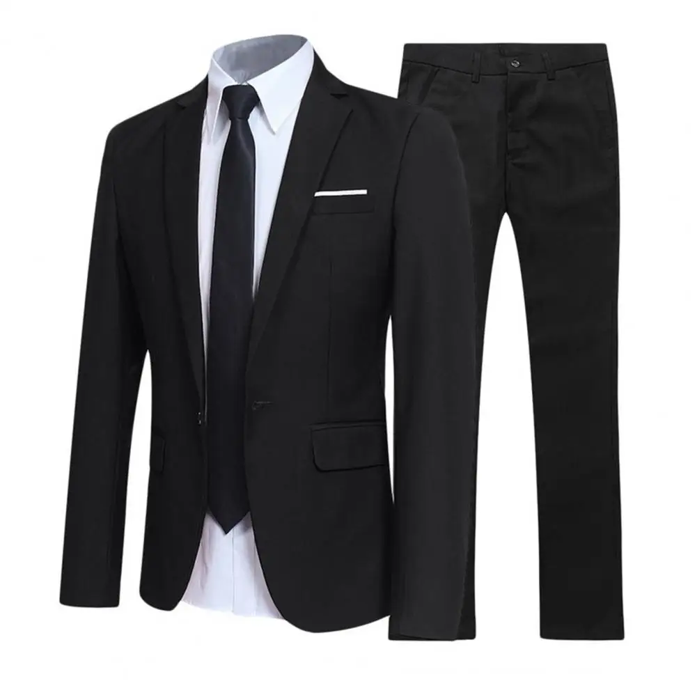 1 Set Popular Suit Coat Trousers Temperament Men Suit Set Solid Color Pure Color Lapel Blazer Pants  Streetwear