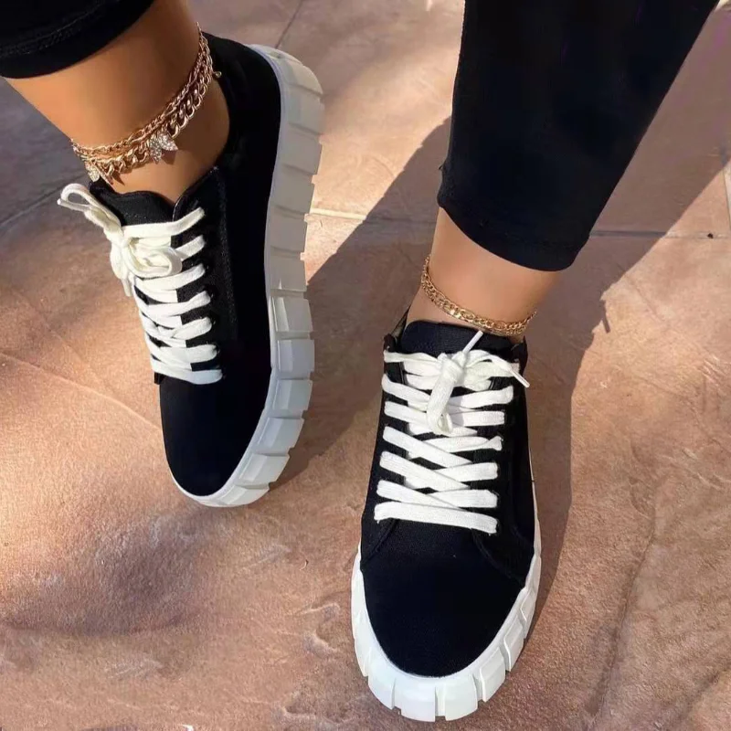 

Women Sneaker Canvas Mixed Color Lace-Up Round Toe Ladies Flat Platform Fashion Spring Outdoor Soft Comfy Female Zapatos Mujer