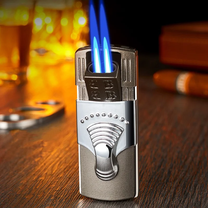 Portable Metal Windproof Double Jet Flame Butane Gas Cigar Lighter High Temperature Resistance Hidden Ignition Nozzle Lighter