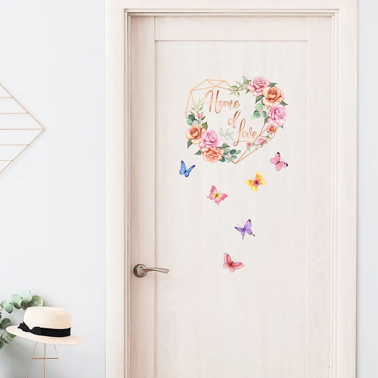 Herzförmiger Blumen-Schmetterlings-Wandaufkleber für Wohnzimmer, Glasfenster, Dekoration, Wandbild, Heimverschönerung, selbstklebende Türaufkleber – Detail 5