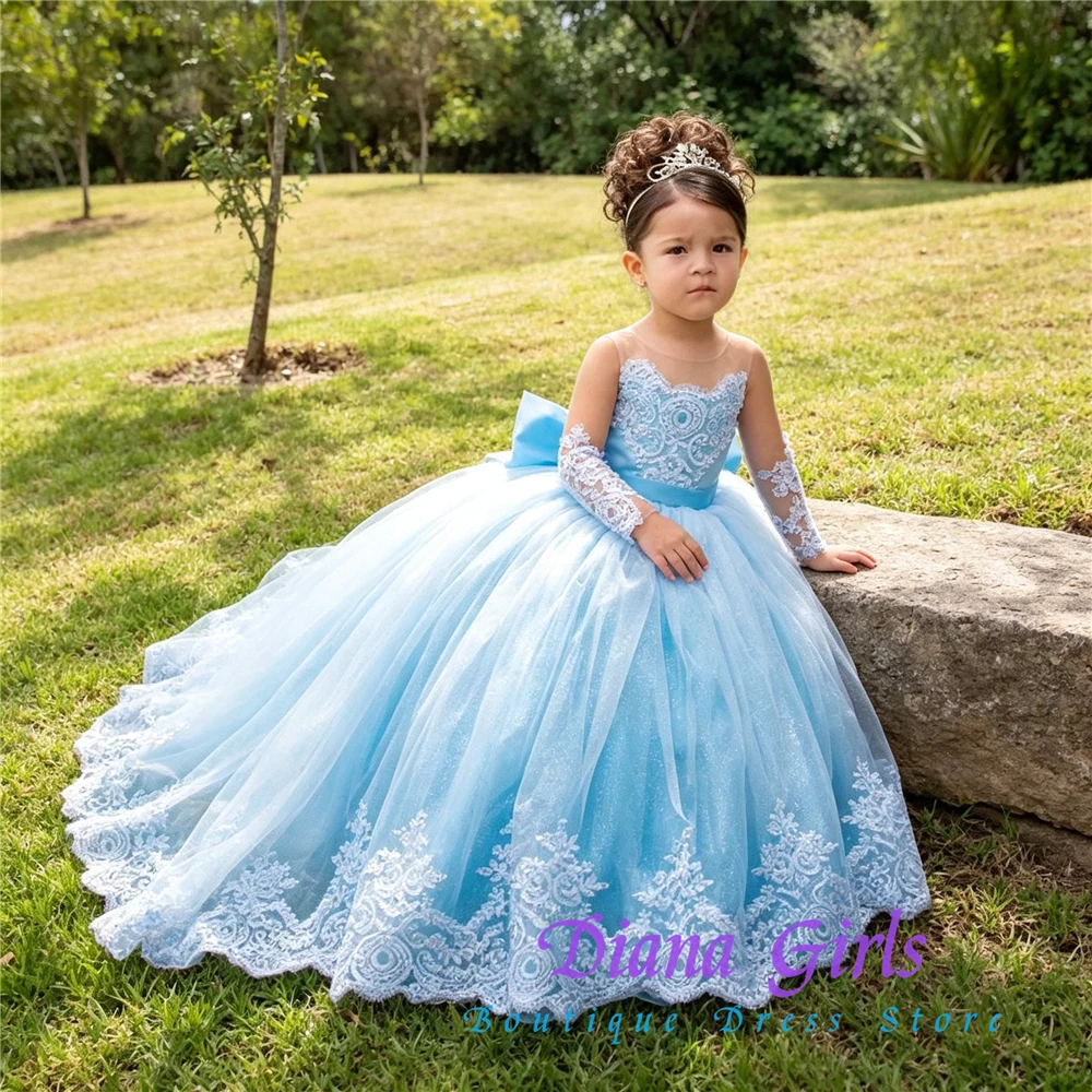 Sky Blue Tulle Fluffy Flower Girl Dress Quality White Lace Applique For Weddings Bow Kids Birthday Pageant Evening Ball Dresses