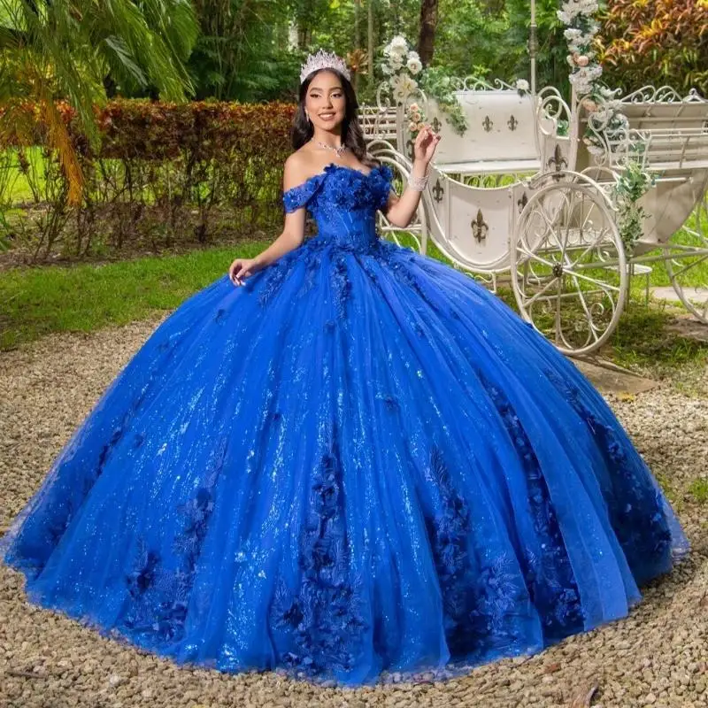 Sparkly Royal Blue Princess Quinceanera Dresses Off Shoulder Ball Gown Sequin Appliques Lace Flower Crystals Beads Tull Sweet 16