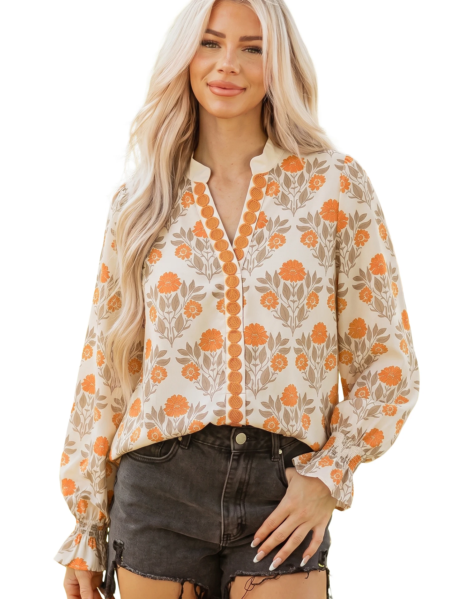 Casual V-Neck Long Sleeve Printed Shirt Women's Loose Fit Polyester Spring Autumn Fashion Country Style Casual Top