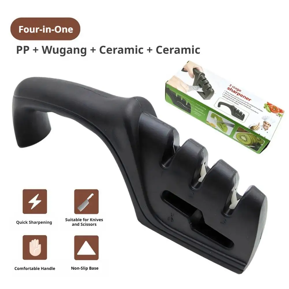 Aiguiseur de couteaux de cuisine 4 en 1, outil de récurage manuel, poignée ergonomique, système multi-étapes pour couteaux et ciseaux de cuisine domestiques
