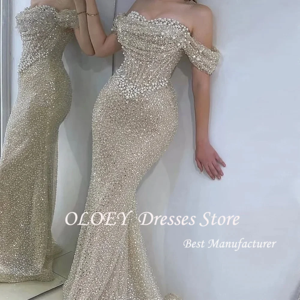 فستان OLOEY لؤلؤي رائع للحفلات الراقصة على شكل قلب مكشوف الكتفين فستان حفلات مجوف مع هيكل السمكة لامعة ترتر فستان رسمي مخصص