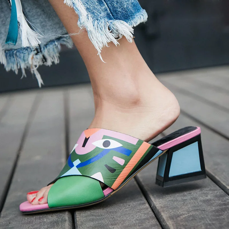 

Cute Mask Face Printing Leather Slipper Chunky Med Heels Women Mixed Color Slingbacks Slip On Sandalias Shoes