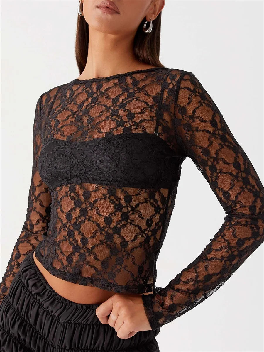 Women Lace Crop Tops Summer Back Cutout See-Through Long Sleeve Shirt for Club Beach Streetwear Aesthetic Grunge Clothes