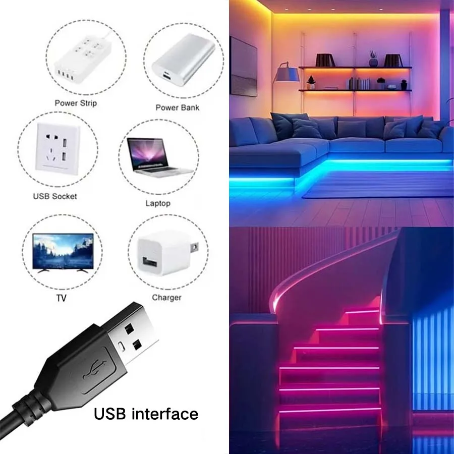 LED light strip with three-button controller, USB powered, adjustable lighting modes, RGB color changing, flexible and cutable,