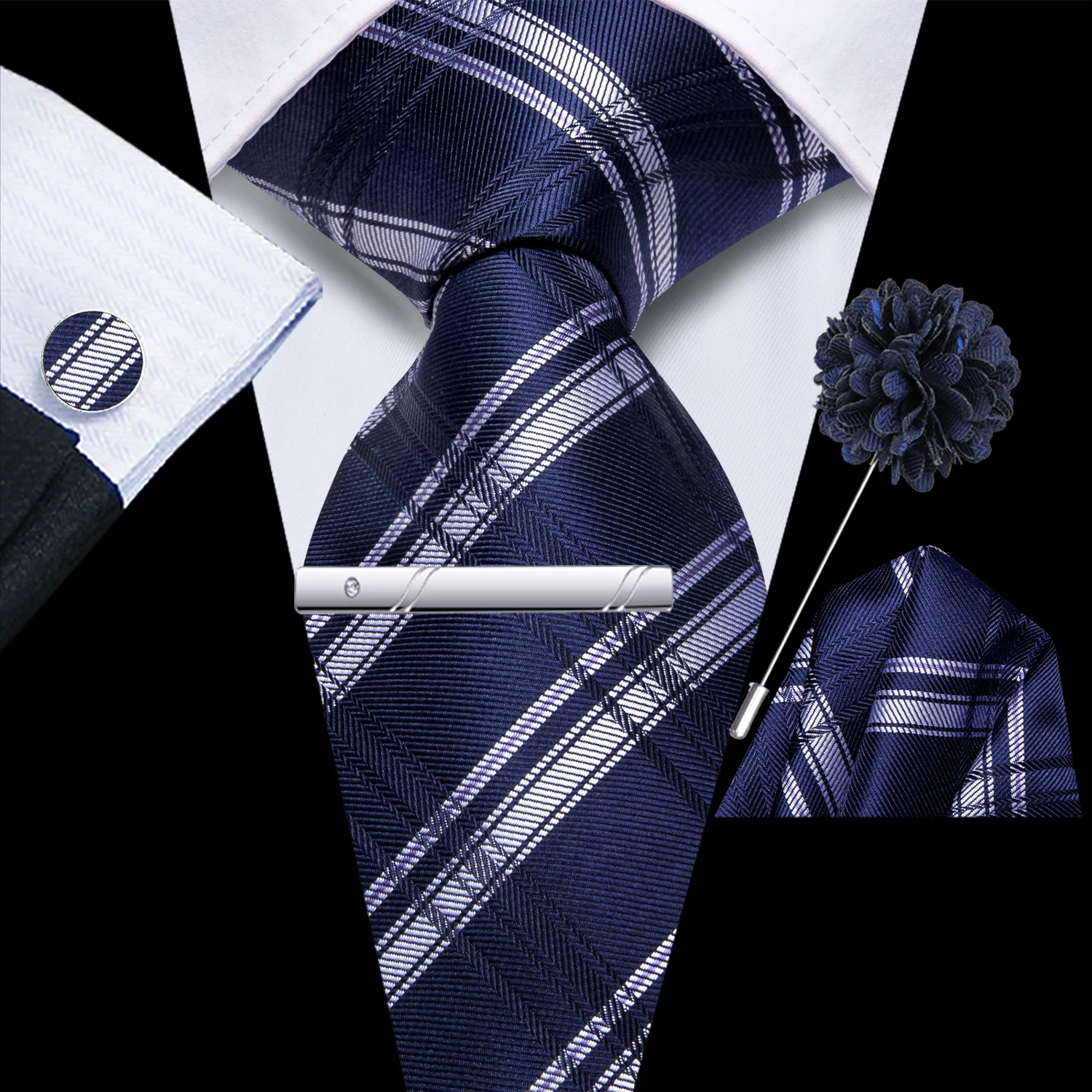 Hi-Tie Men Fashion Necktie Burgundy Handkerchief Cufflinks for Tuxedo Accessory Classic Silk Luxury Gift Tie