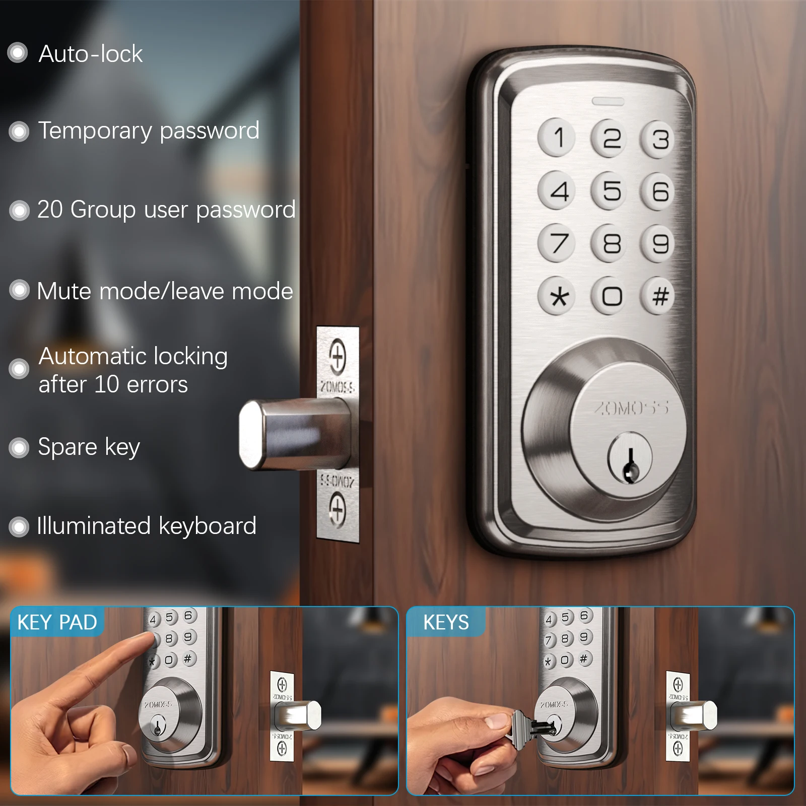 Pengunci pintu Keypad cerdas ZOMOSS, entri tanpa kunci kode Digital dengan kata sandi Anti tergelincir, pengunci otomatis, dan pemasangan mudah