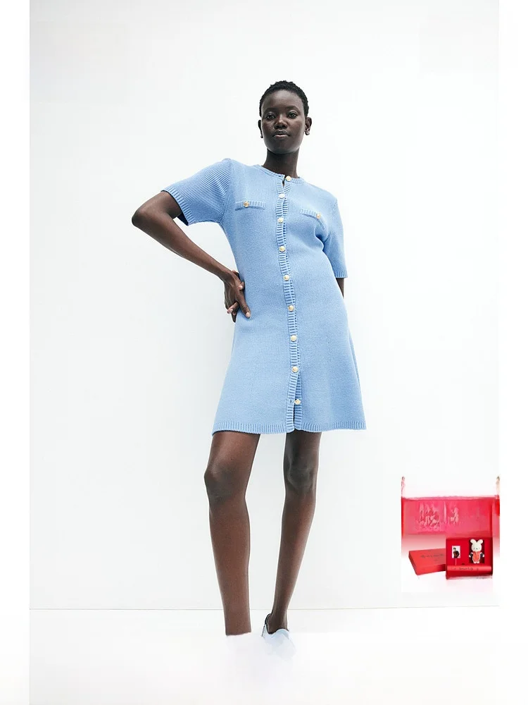 

Ele Cotton Knitted ort Sve Dr Front Buttoned Ribbed Bodycon Skirt for Women Spring Season Casual Wear H&M