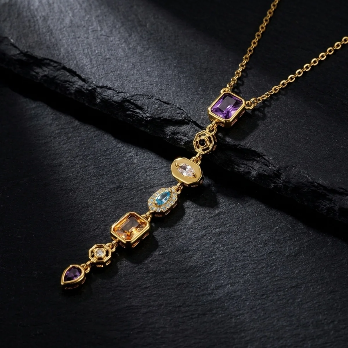Glänzende Zirkon-Halskette mit geometrischen Verbindungsstücken und Quasten aus Edelstahl für Damen und Herren, Herz, Auge, Wassertropfen, Sonne, Mond, Stern, Choker-Schmuck – Detail 31