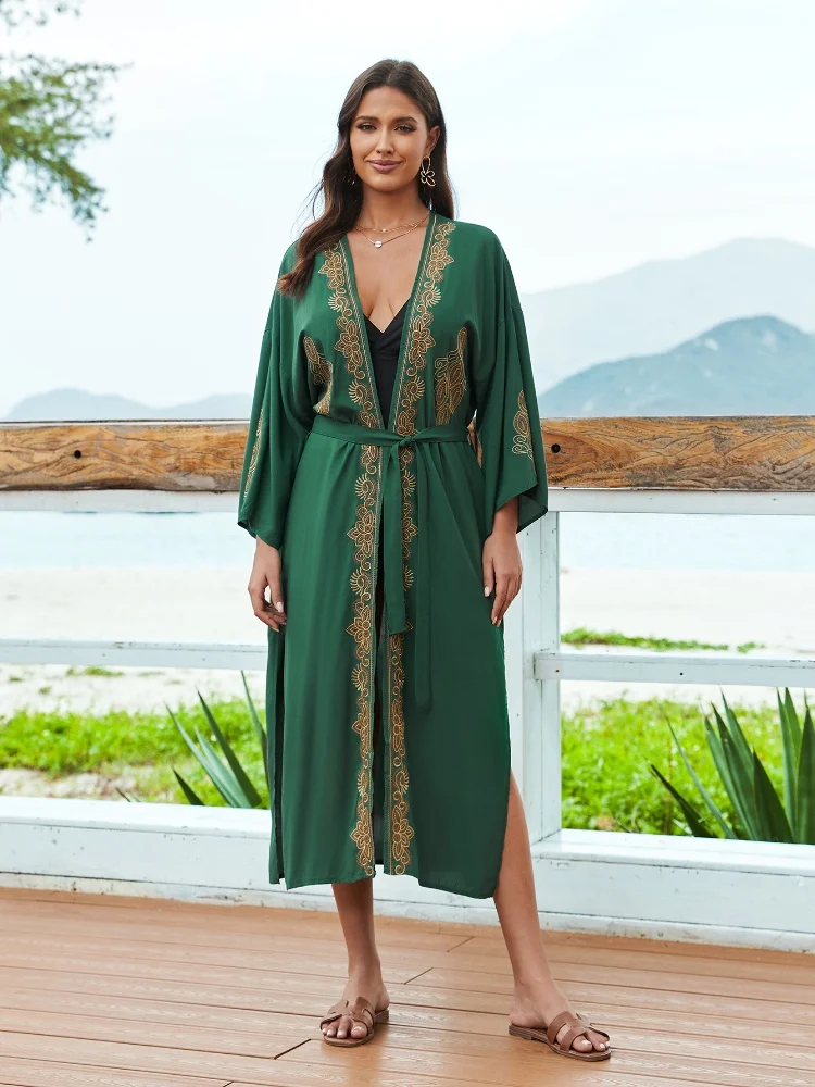 EDOLYNSA snazzy Dark green embroidered women's kimono chic relaxed Tunic Wrap Cardigan house robe bathrobe outfit Q1612