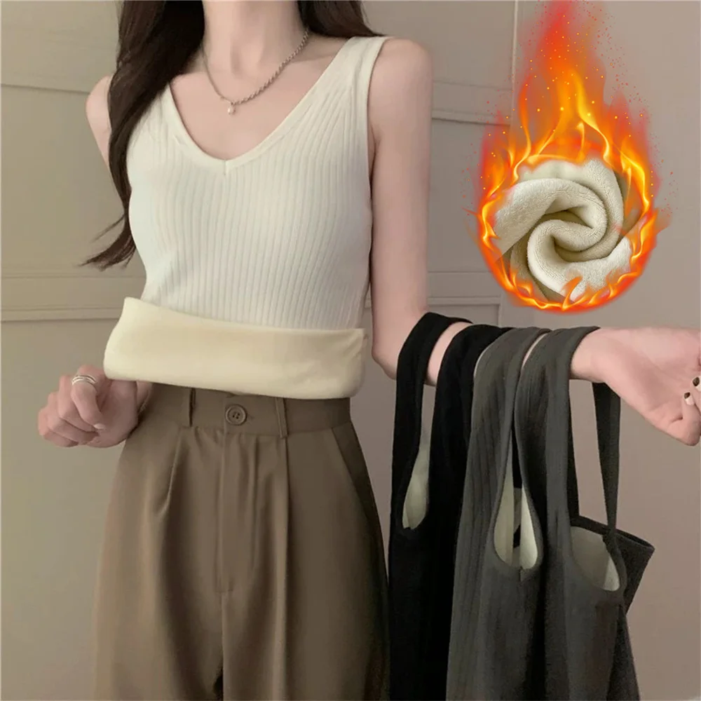 Jesienne ciepłe pluszowe podkoszulki damskie Seksowna kamizelka bez rękawów z termoaktywną podkoszulką dla kobiet Zimowe krótkie topy Koszula Camis
