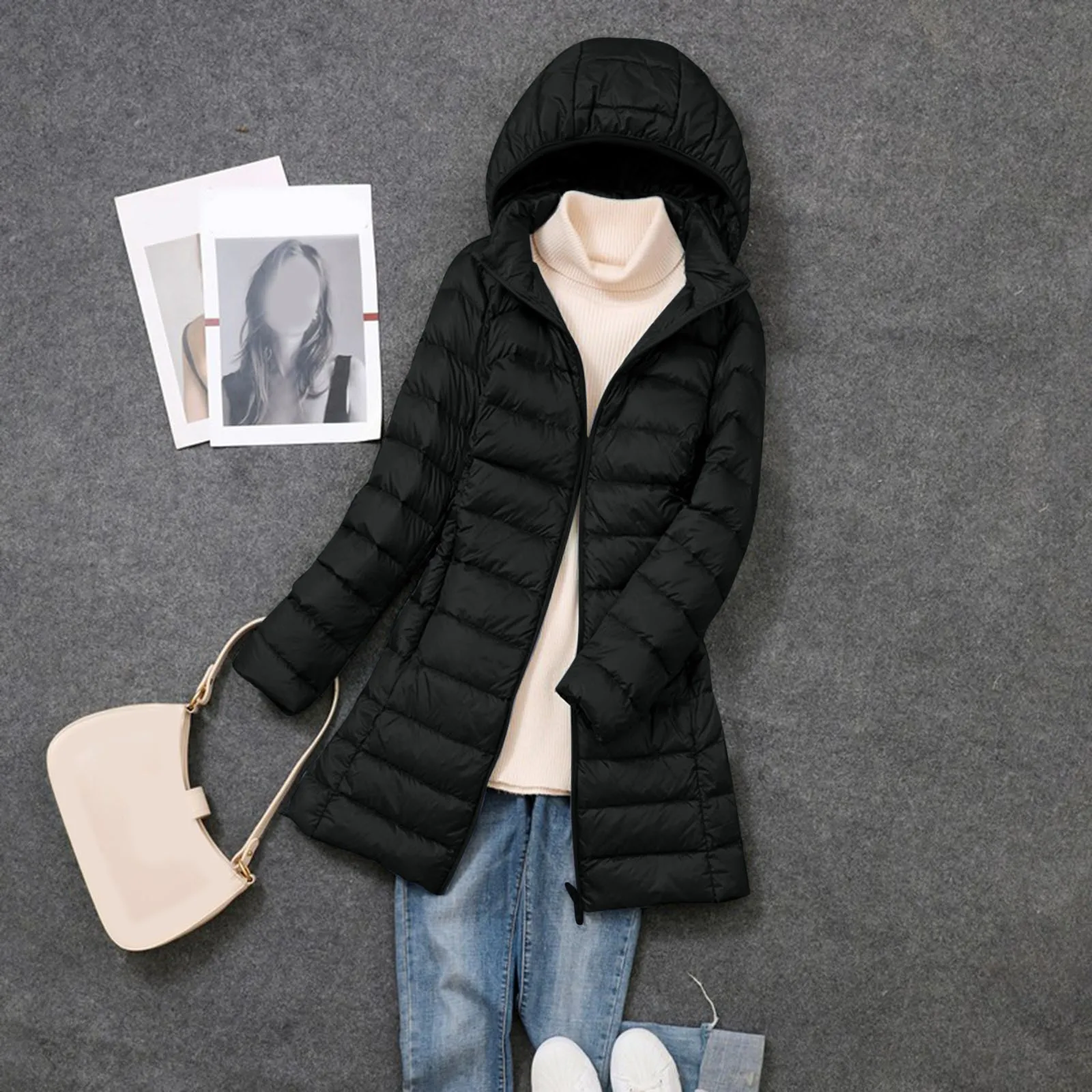 Portable White Duck Long Hooded Down Jacket Winter Black Ultralight Warm Cotton Padding Coat Zipper Windproof Outwear Slim Parka