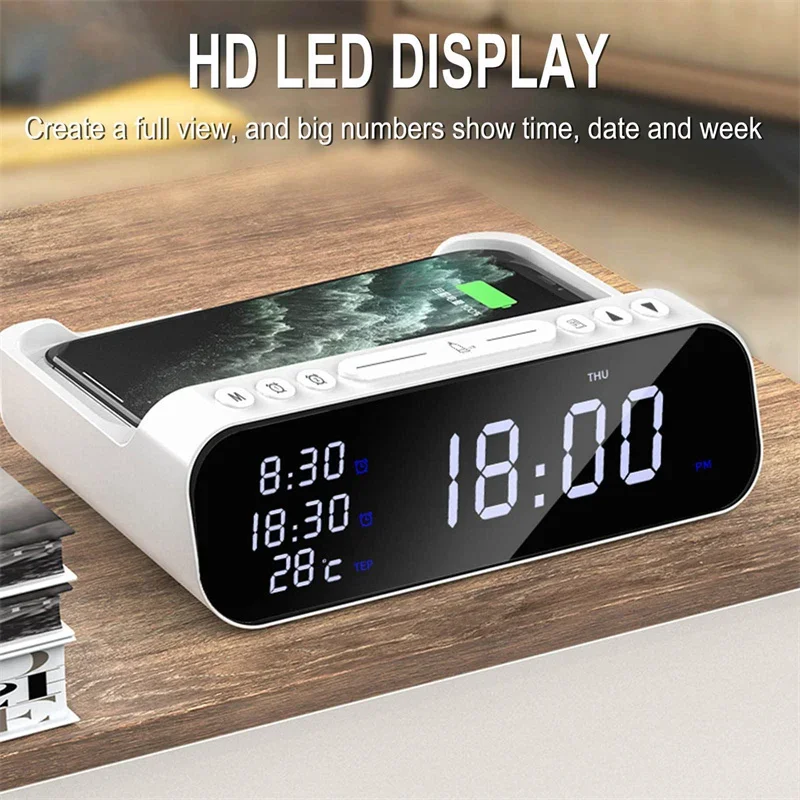 15W Fast Wireless Charger Alarm Clock Time LED Light Thermometer Earphone Phone Charger Fast Charging Dock Station