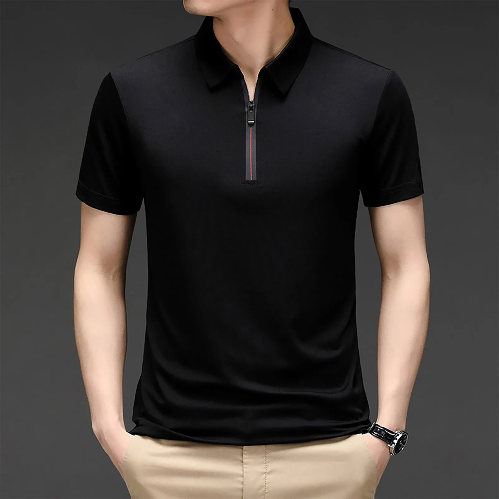 

Mens Zipper Shirt Solid Color Blouses Casual Black Tops Quarter Zip Tee Shirt Vintage Short Sleeve T Shirt Summer Chemise