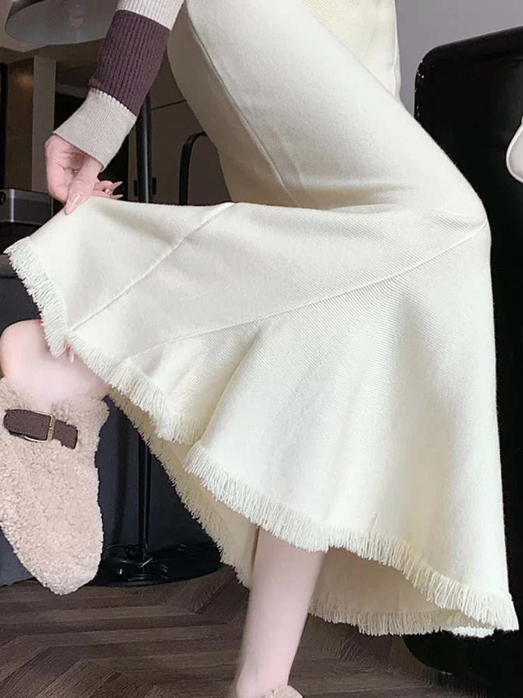 Korean Style Extended Length Tassel Women Knit Midi Skirts 2026 High Waist Elegant Slim Drapey Big Hem Bodycon Mermaid Skirt