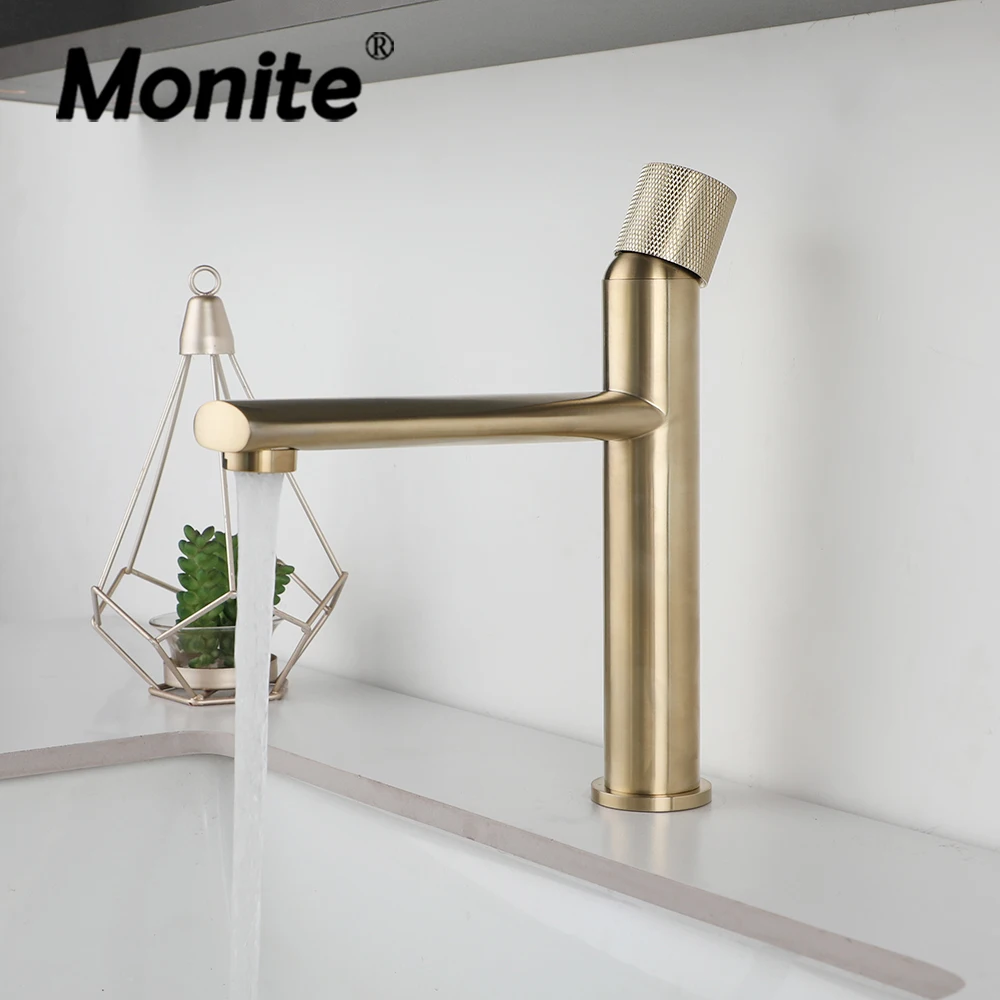 

Monite Basin Faucet Brushed Gold Deck Mounted Single Handle Single Hole With Stream Hot & Cold Water Outlet Bathroom Mixer Taps