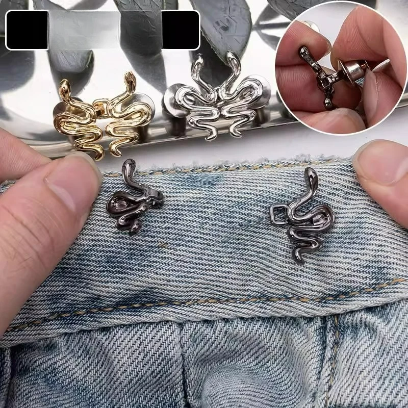 3pairs Waist Button Fastener Adjustable Metal Jeans Buttons Cute Snake Shape Reusable Waist Cincher Clip for Clothing Dresses