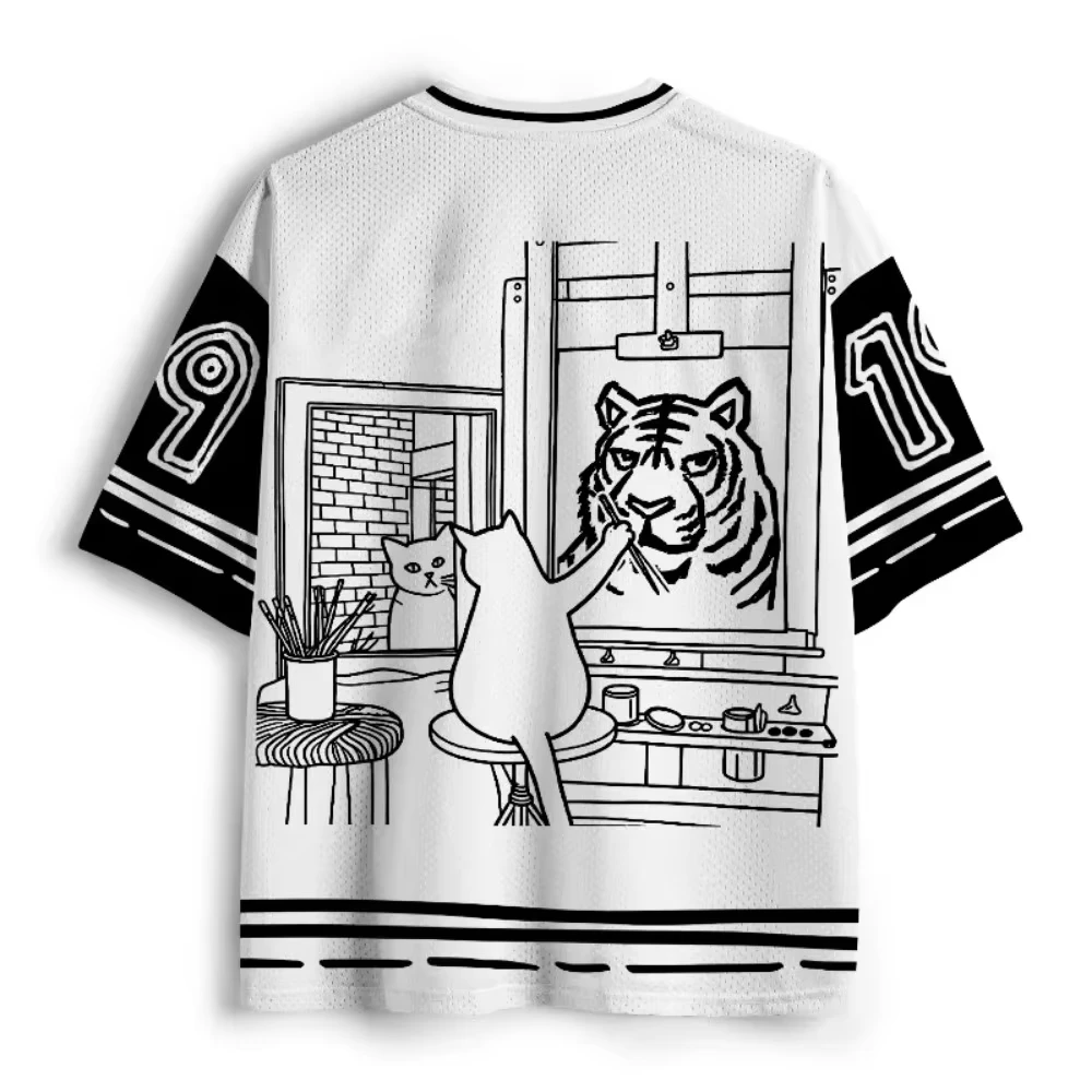 2026 Unisex Jersey Artist Famous Painter Cat Sketch Print Number 9 V Neck Short Sleeve Black White Streetwear Back To School Top