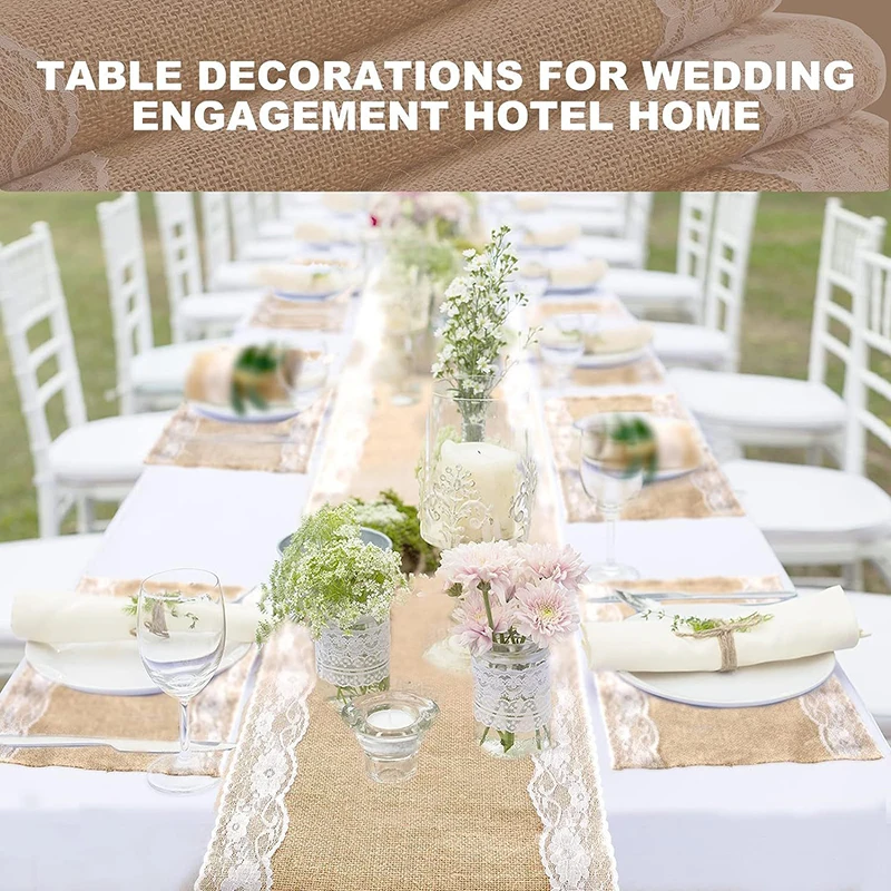 

Wedding Burlap Table Runner with White Lace Rustic Vintage Romantic Tablecloth for Bridal Shower Birthday Party Table Decoration