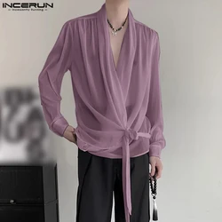 Men Shirt Solid V Neck Long Sleeve Lace Up Pleated Chiffon Loose Casual Men Clothing Streetwear 2024 Fashion Male Shirts INCERUN