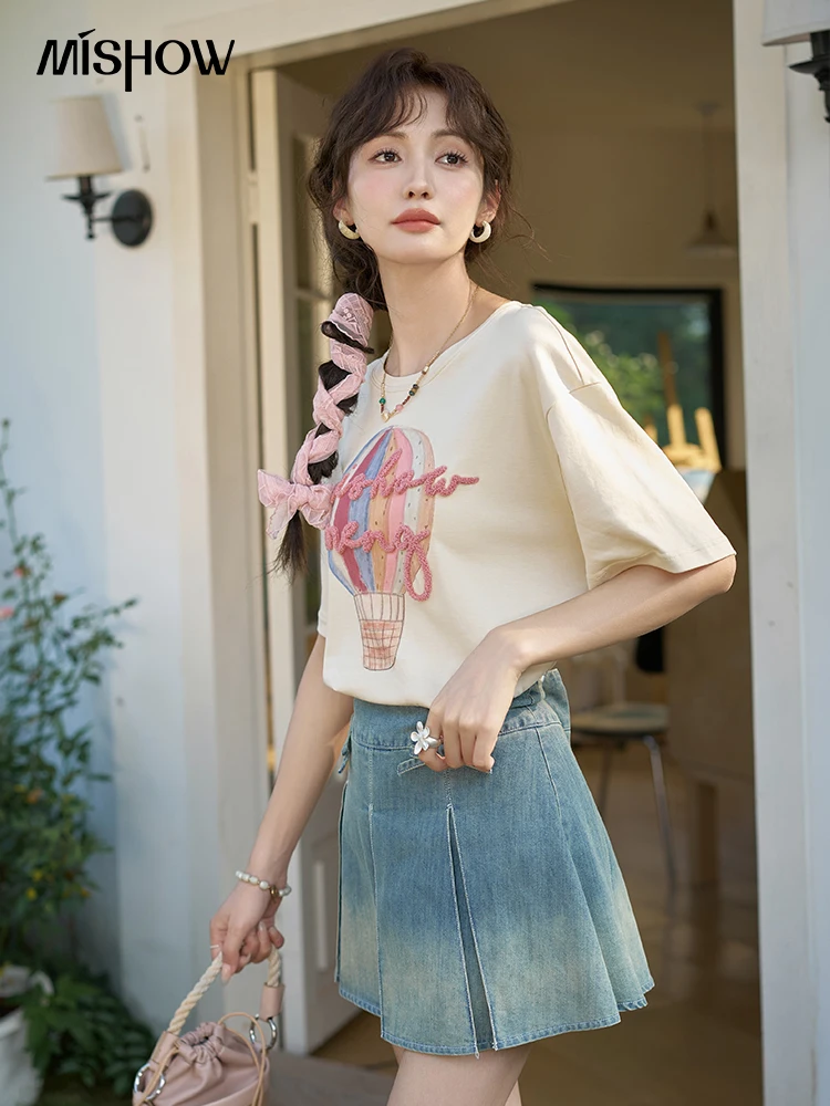 MISHOW Shoulder Hot Air Balloon Printed Short Sleeve T-shirt 2024 Summer Letter Towel Embroidered Tees Versatile Top MXD24T0233