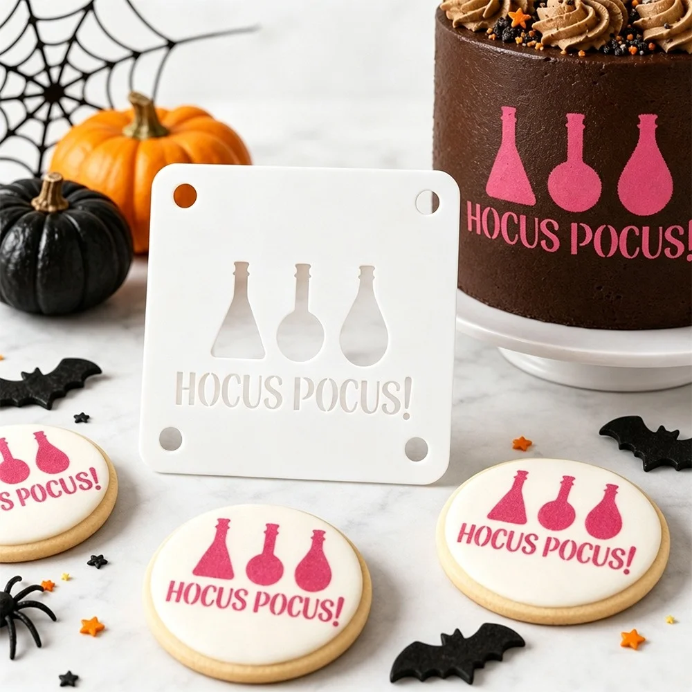 Hocus Pocus Magic Bottle Cookie Spray Stencils 2Pcs, PET Powder Spraying Template for Halloween Festive Cookie Decor