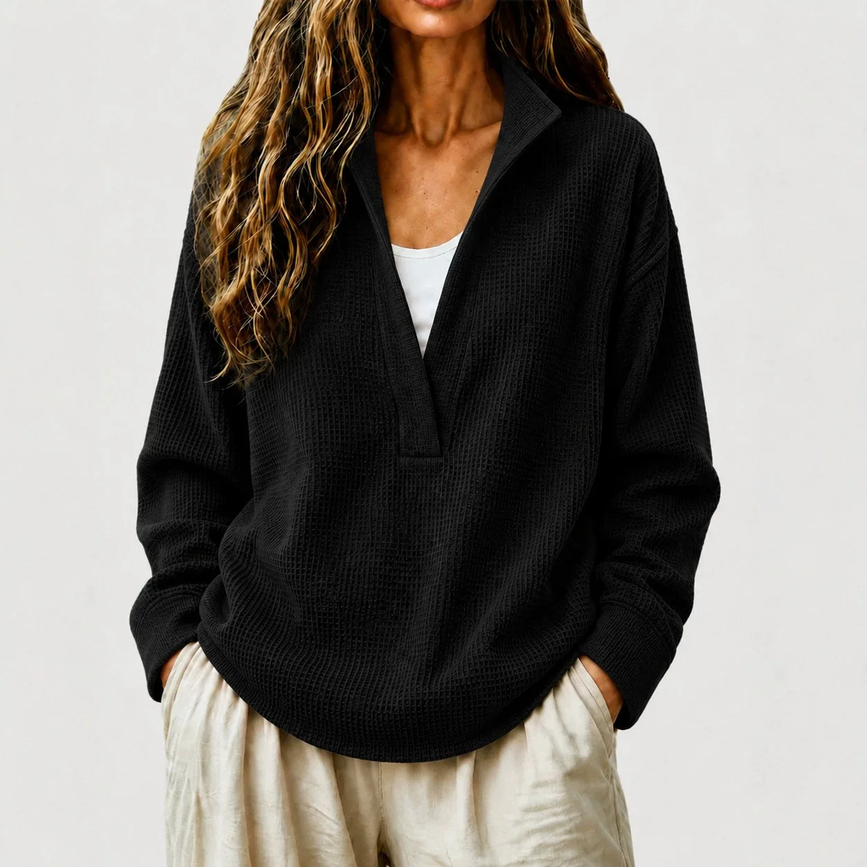 Women's Half Placket Lapel Long Sleeve Top Solid Color Relaxed Cut Side Pocket Commute Office Daily Wear Casual Pullover Blouse