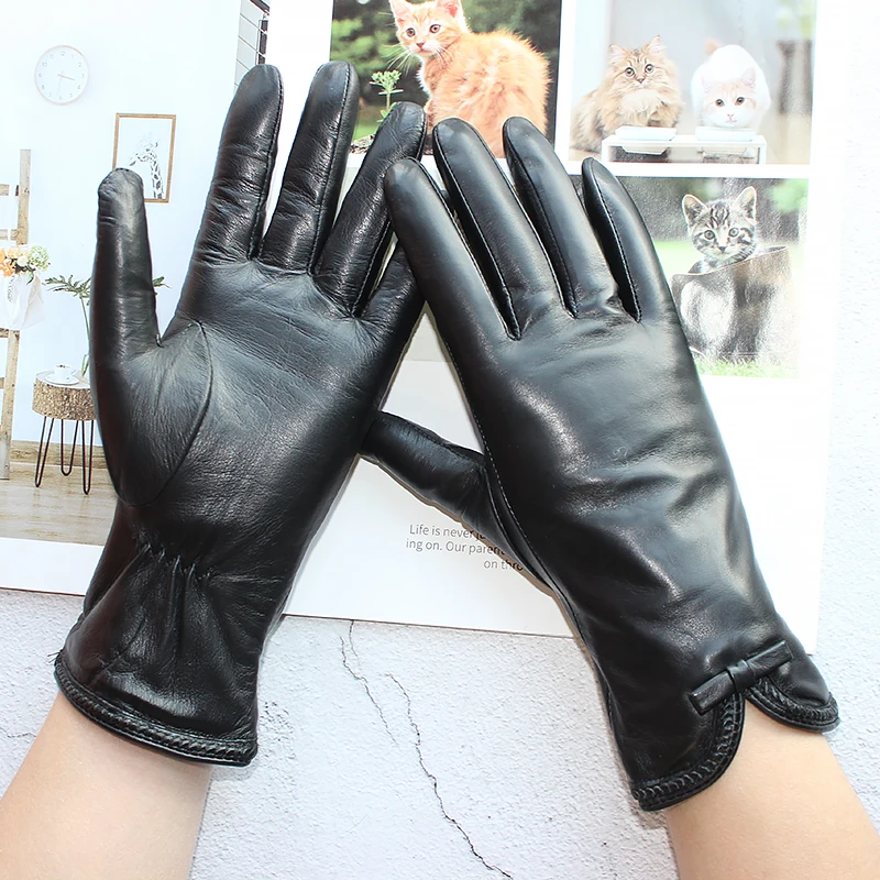 New Sheepskin Gloves Ladies High Quality Imported Leather Fashion Driver Fingered Velvet Winter Motorcycle Riding Driving Gloves