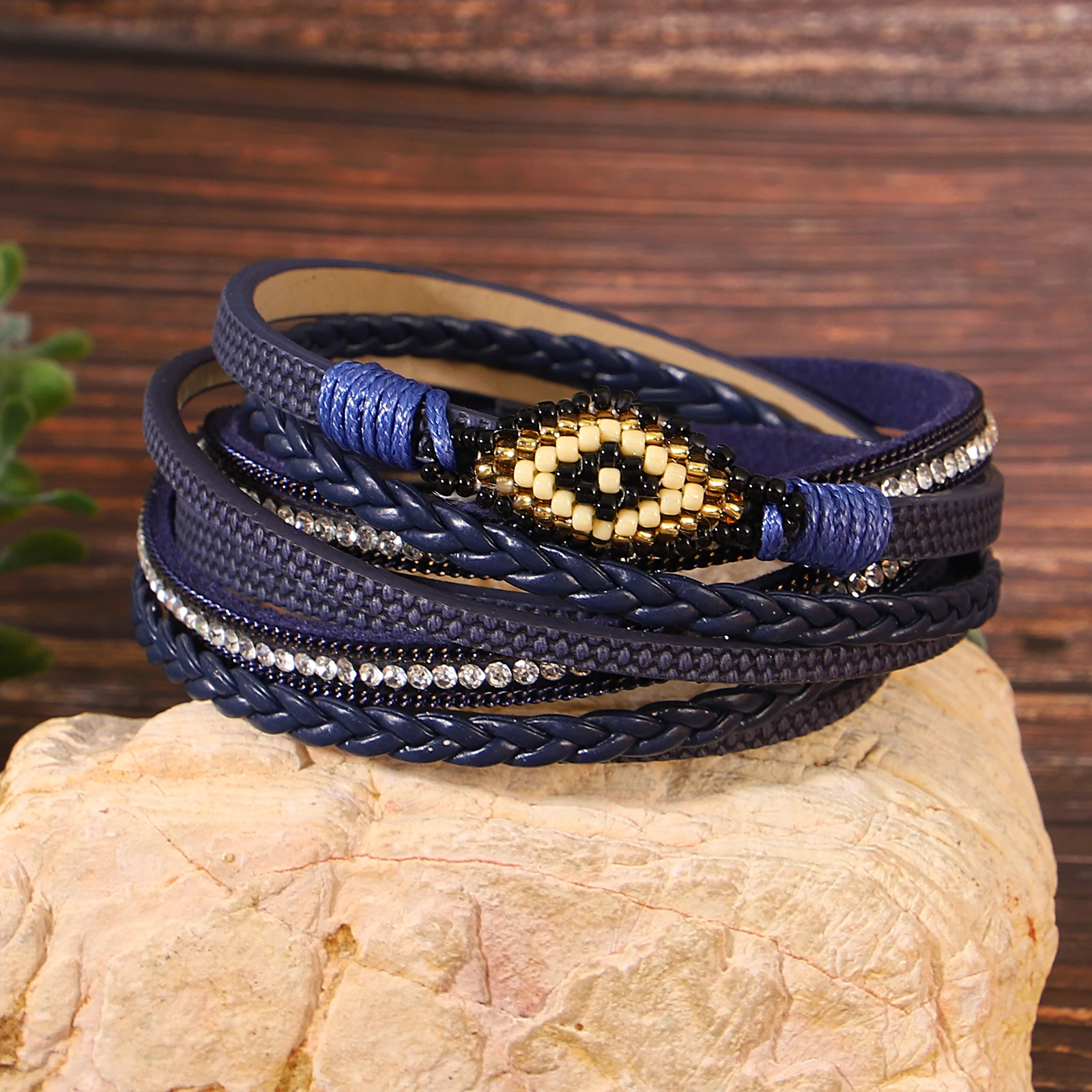 

Amorcome Classic Blue Woven Multilayer Leather Bracelet for Women Stackable Winding Magnetic Buckle Bracelet Jewelry Gifts