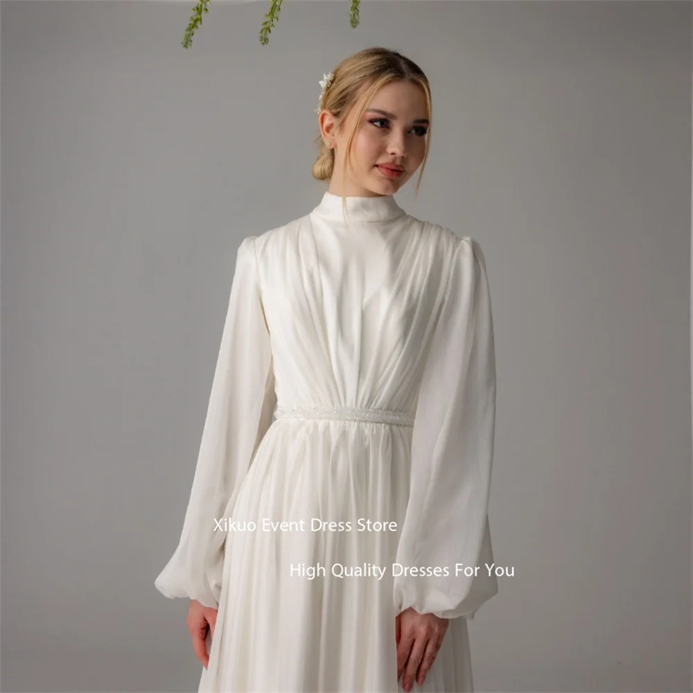 Xikuo moderne une ligne col haut robe De mariée froncé longueur De plancher plissée robe De mariée manches ballon robes De Novia personnalisé