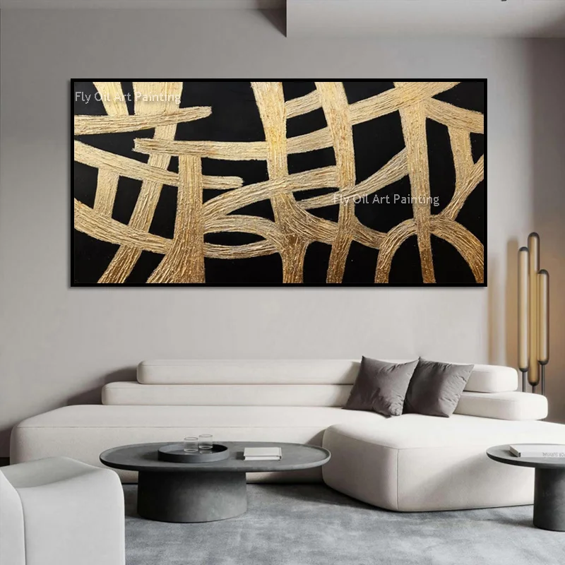 Hand Drawn Large Gold Foil Canvas Thick Artwork New Original Design Home Wall Decor Items Black And Golden Yellow Oil Painting