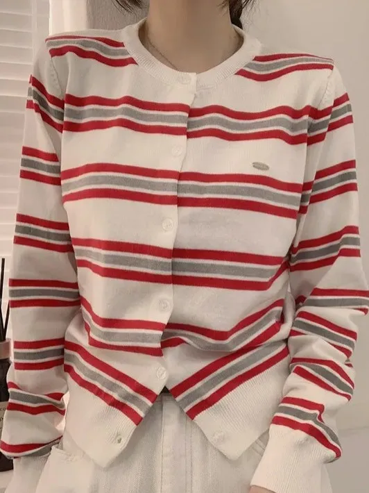 

Autumn 2025 Chic Knitted Long Sve round Ne Button up Cardigan Women's Soft Fre Sle Striped Open Front Sweater