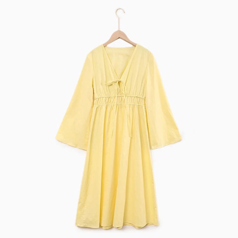 レディース タイ コットンリネン フロントカフタンワンピース 春新作 フレア ロングスリーブ ゴムウエスト ゆったりフィット バケーションワンピース