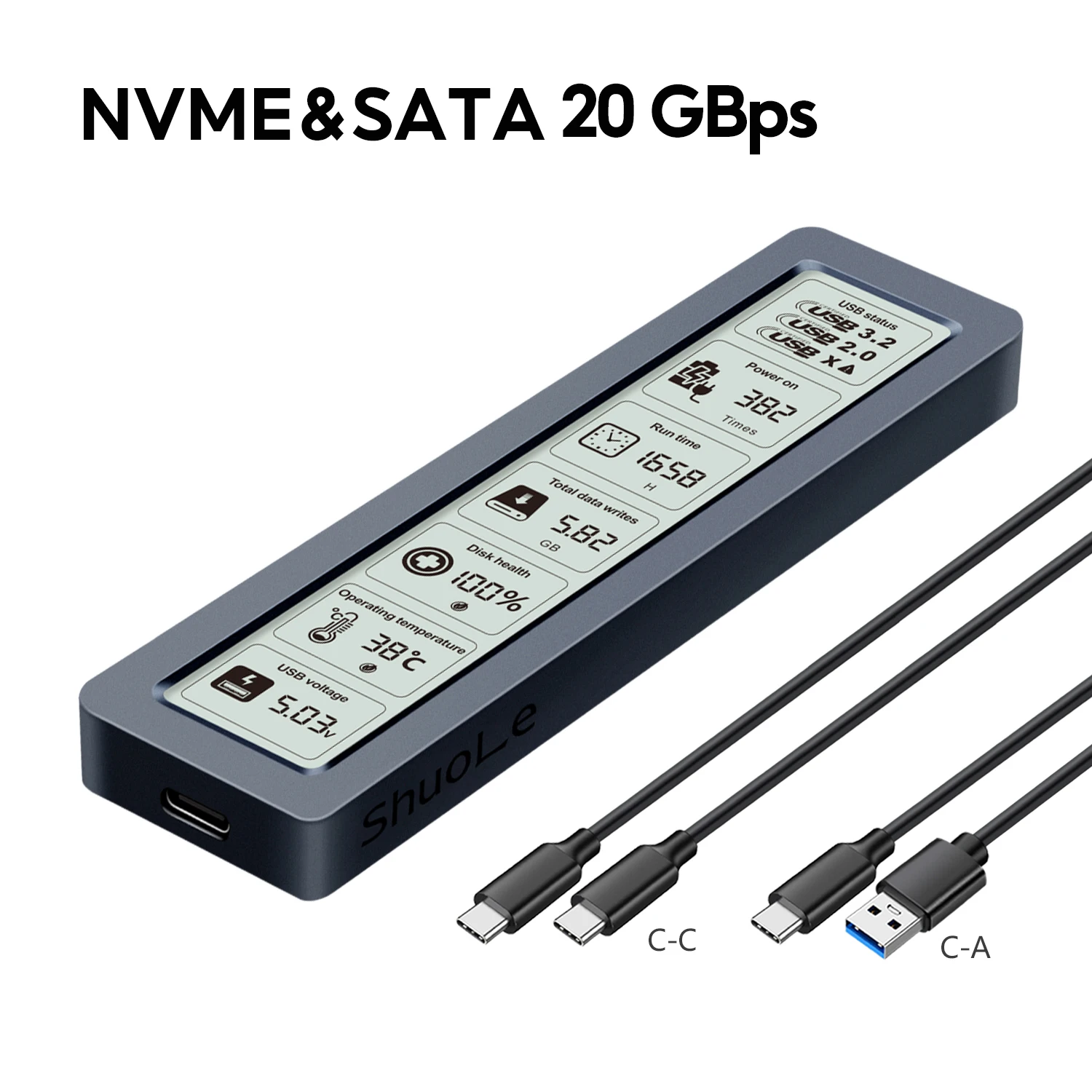 M.2 NVMe SATA SSD-behuizing Visuele slimme SSD-behuizing USB 3.2 Gen 2 10 Gbps NVMe PCI-E 20 Gbps
