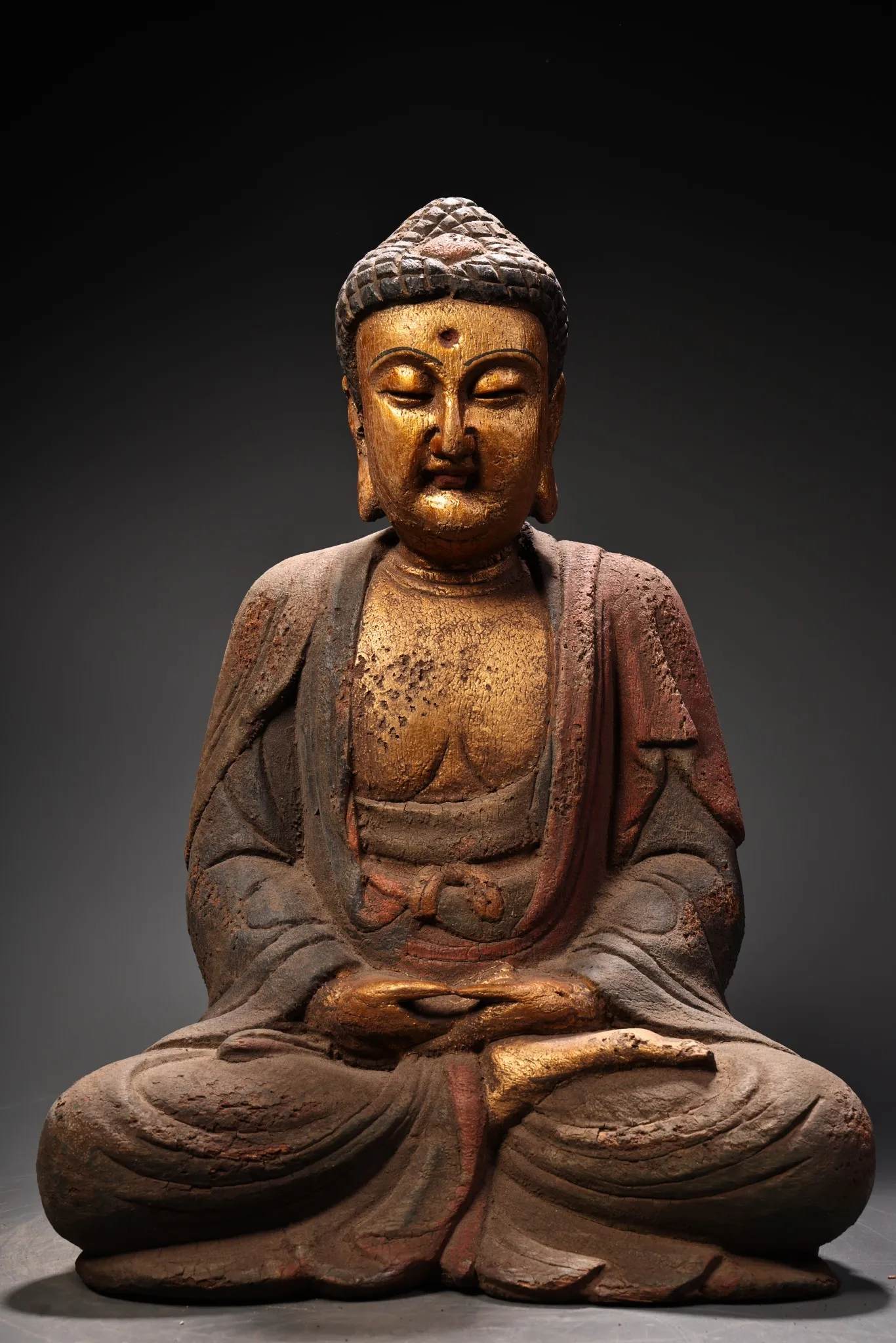 

14"Tibetan Temple Collection Old Wood Carving Painted Parinirvana Sakyamuni Sitting Buddha Amitabha Worship Hall Town house