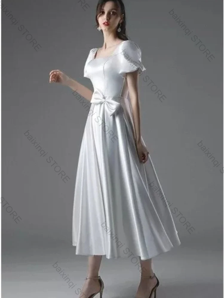 White Satin Women's Elegant Dress Square Collar Lace Up Midi Dresses Bride Prom Party Birthday Wedding Sex Appeal Evening Dress