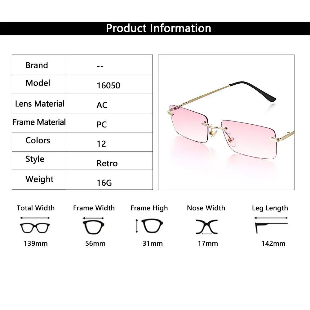 Gafas de sol rectangulares sin montura para hombre y mujer, lentes de sol rectangulares con protección UV400, Color claro, accesorios de verano, talla pequeña cuadrada, novedad de 2024