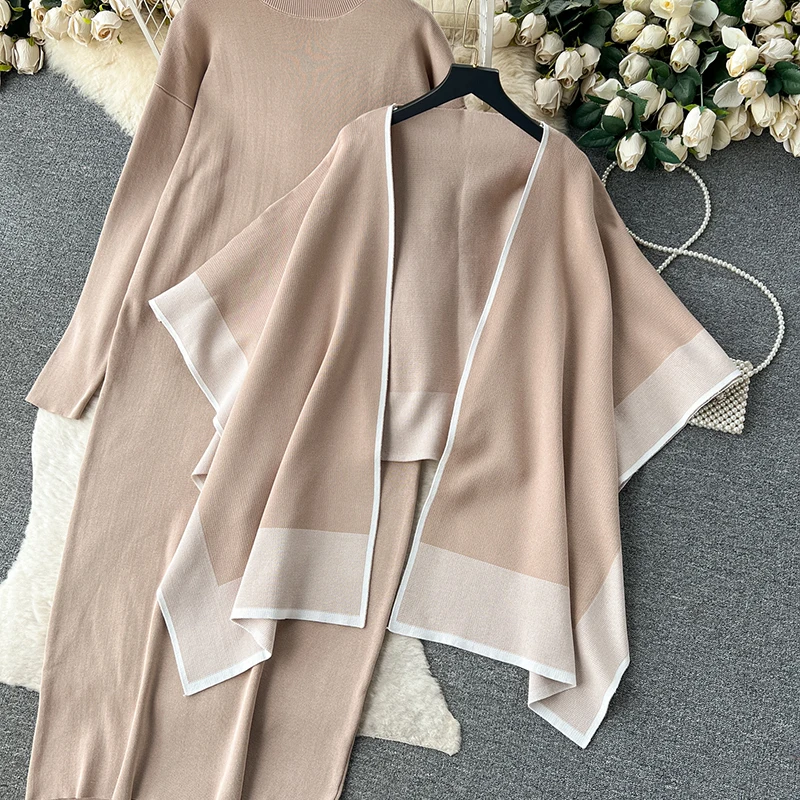 Women Fall Casual Set Contrast Color Shawl Coat+Solid Long Sleeved Mock Neck Knit Mid-Length Dress Elegant Loose Winter Outfit