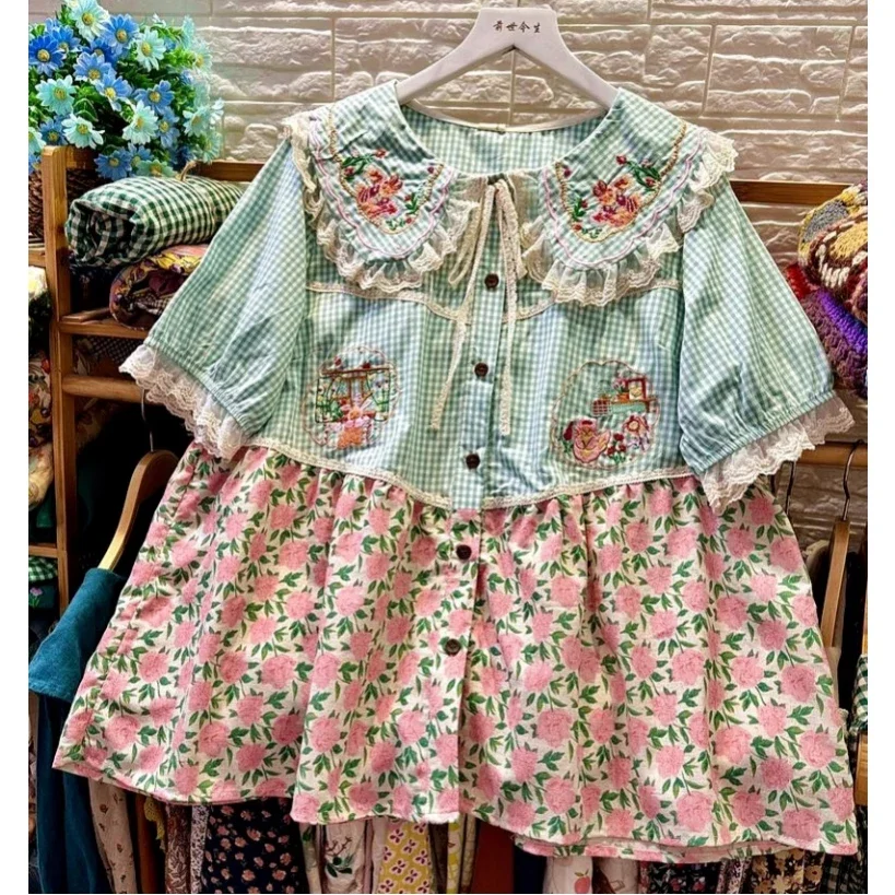 Cotton Linen Floral Plaid Patchwork Lace Babydoll Blouse Women Sweet Lolita Vintage Retro Shabby Chic Sweet Lolita Tops Shirt