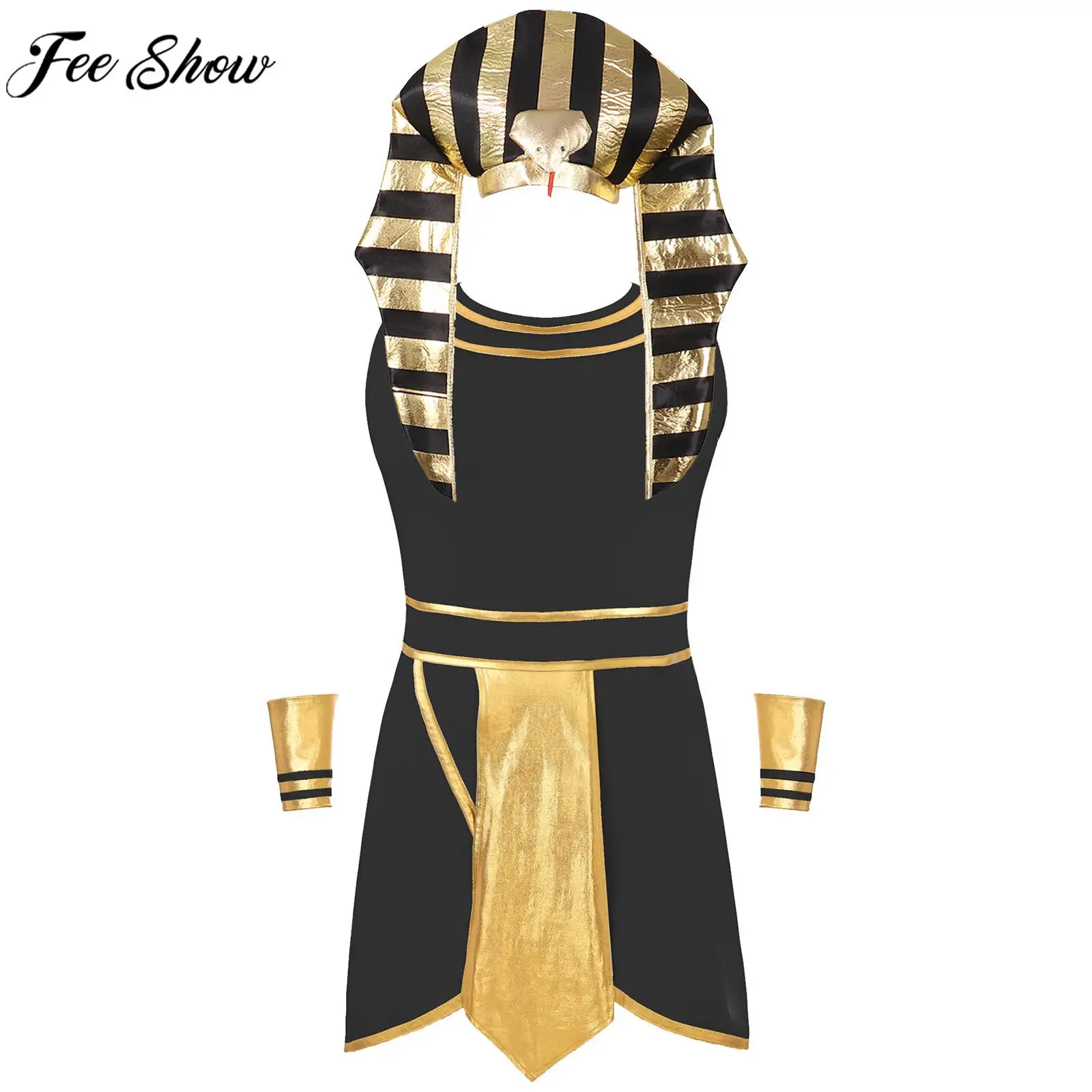 Heren Halloween Egyptische Farao Koning Cosplay Kostuum Carnaval Oude Egypte Rollenspel Kleding Jurk Met Manchetten Slangenhoofdhoed