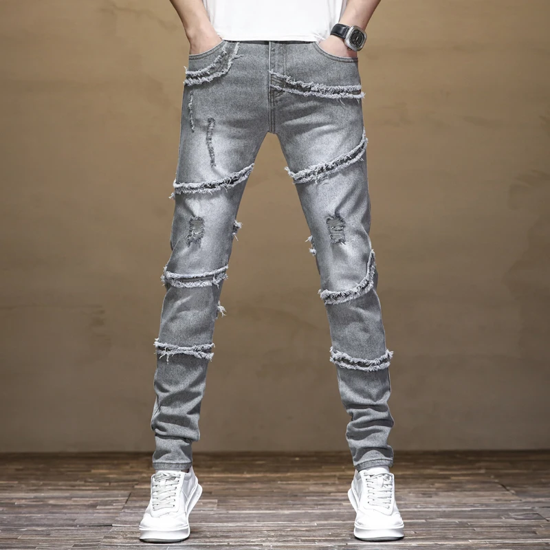 

2024New Handsome Ripped Stitching Jeans Men's Slim Fit Stretch Personality Frayed Retro Personality Washed Motorcycle Trousers