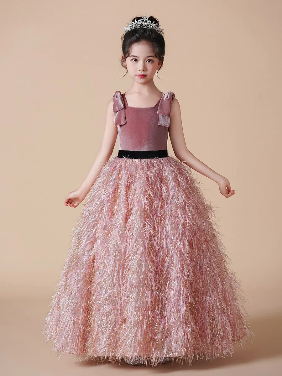 Flower girl dress pink girl dress birthday party dinner dress bridesmaid dress floor length