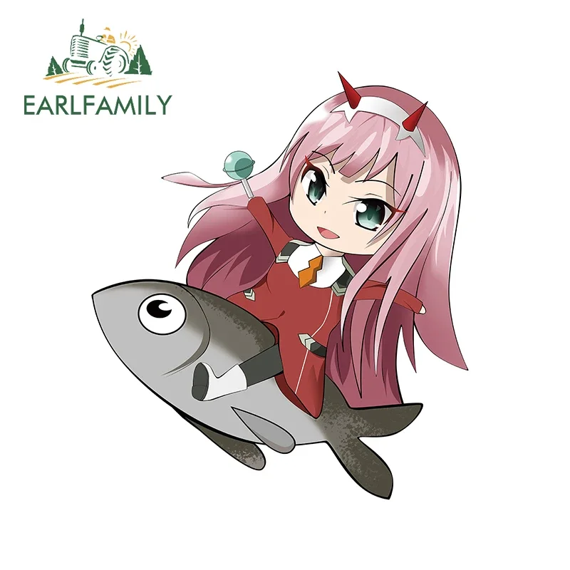 EARLFAMILY 13cm x 11.5cm Q-version Zero Two Car Stickers  Kawai Anime Riding Fish Red Uniform Decal Creative Bumper Decoration