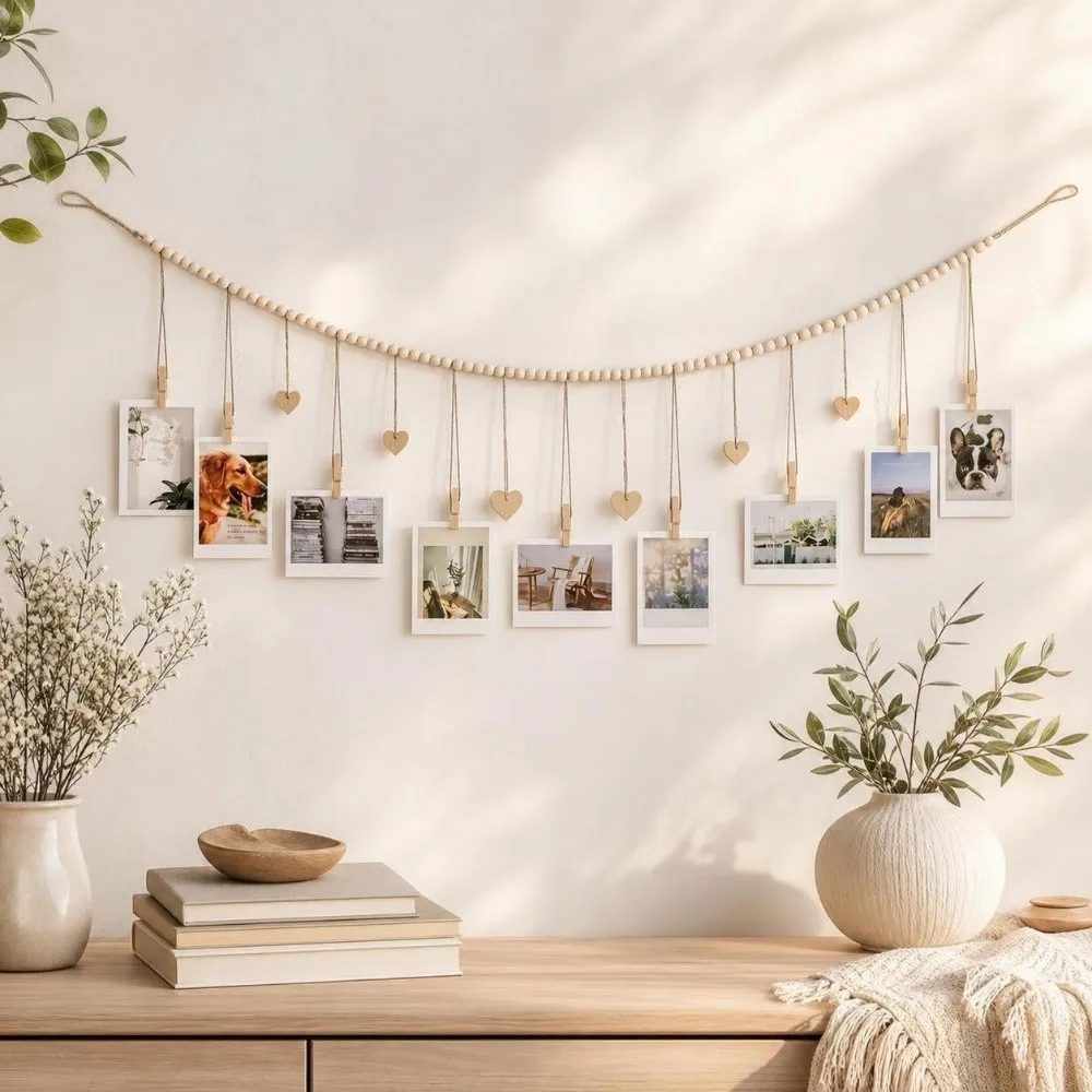 Nordic Style Hanging Photo Display DIY Decorative Picture Hanging String Wooden Bead Garland Minimalist Wall Art Decor Nursery