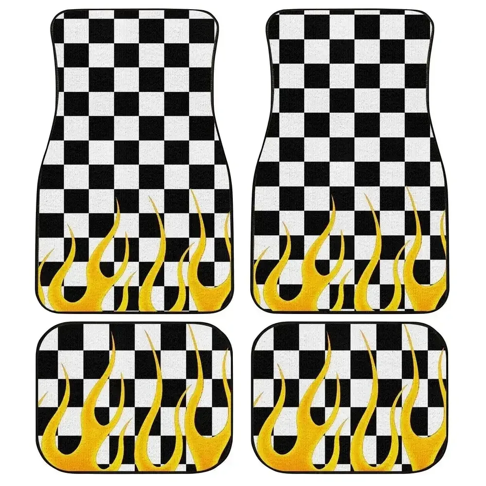 

A set of 4 geometric grid patterns for black and green checkered car floor mats, vehicle front and rear floor mats, anti slip ca