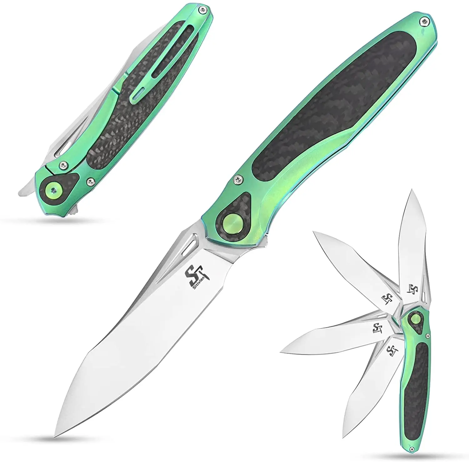 Sitivien ST997 Folding Knife,Handmade M390 Pearlescent Brushed Steel Blade,Titanium &Carbon Fiber Handle EDC Tool Knife